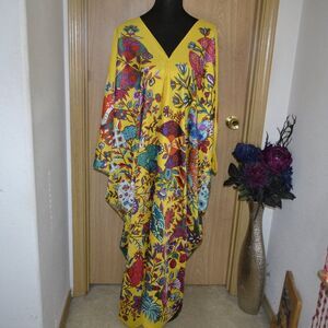 Vibrant Yellow Print Vacation Resort Wear Boho Festival Satin Hippie Caftan